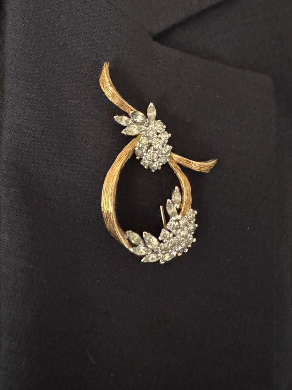 Vintage Panetta Gold Tone and Clear Crystal Floral Loop Brooch - Women Jewelry
